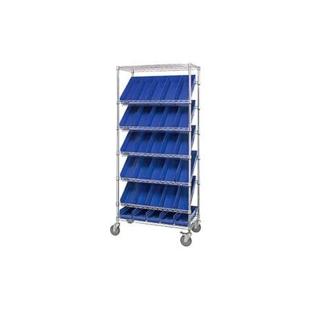 Global Industrial Easy Access Slant Shelf Chrome Wire Cart, 30 4inH Shelf Bins BL, 36Lx18Wx74H 269003BL